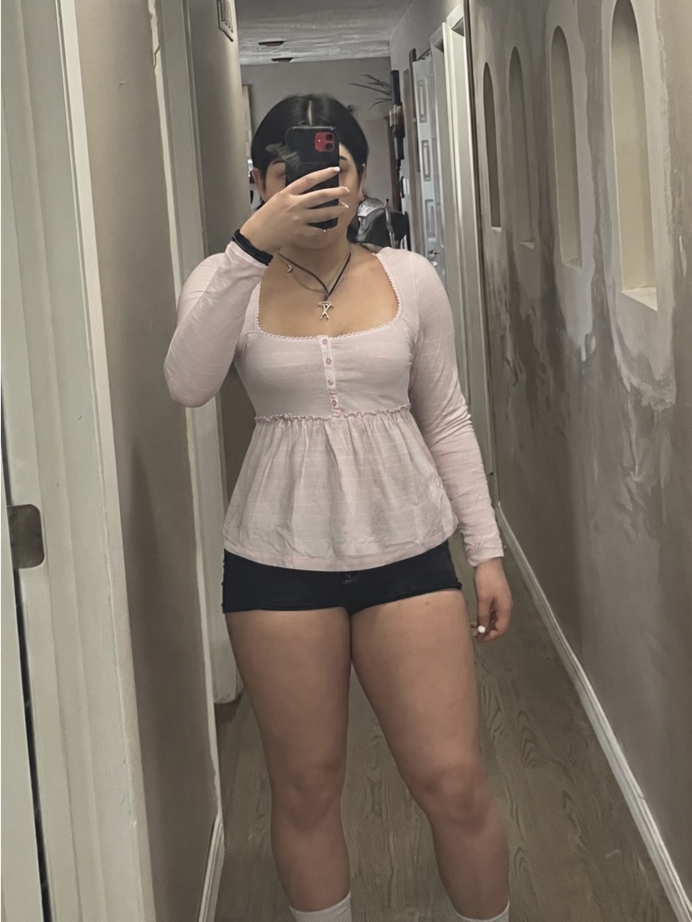 Women’s Long Sleeve Square Neck Babydoll Top - Light Pink